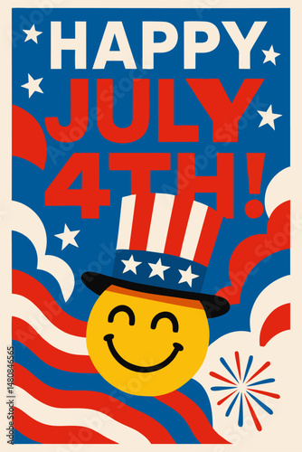 Colorful Independence Day poster with bold text Happy July 4th surrounded by stars, stripes, and festive patterns.