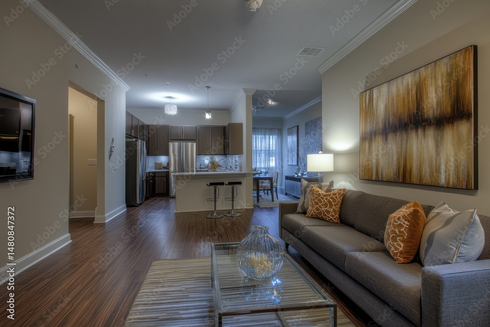 Fototapeta premium Spacious modern apartment interior, open-concept living