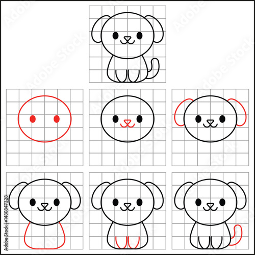 easy step by step cute dog drawing sketch with grids to learn how to draw for kids
