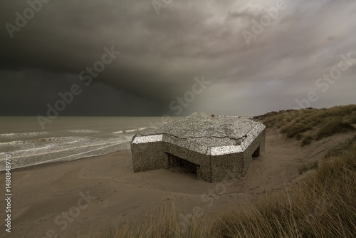 Bunker facing the North Sea, remnant of the WW2 Atlantic Wall, covered with broken mirrors.  Past and present, ongoing flow of time concepts.