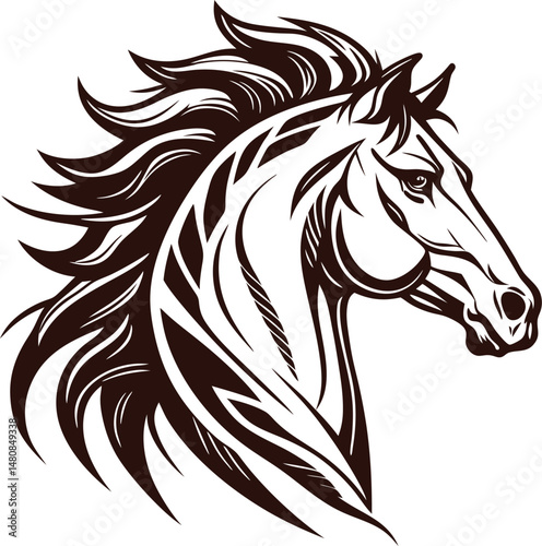Horse head silhouette vector illustration with black mane and equine art design
