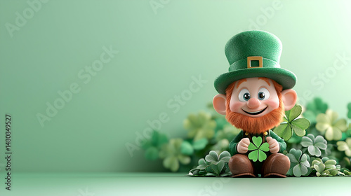 Cheerful Leprechaun with Shamrocks on Green Background