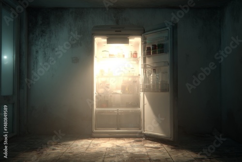 Illuminated refrigerator stands open in dim, grungy room with light shining on assorted containers, bottles, and food items.