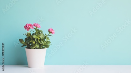 Wallpaper Mural Pink flowers in a pot by a blue wall Torontodigital.ca