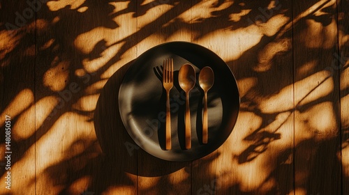 A black plate with three gold utensils on it.