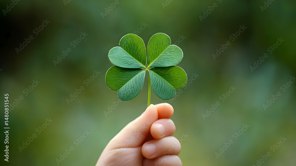 A small hand gently holds a vibrant four-leaf clover against a blurred green background A small hand gently holds a vibrant four-leaf clover against a blurred green background