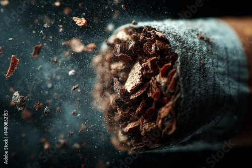 Extreme close-up of cigarette with ash and particles floating, dark smoky background, tobacco product with brown paper and burning end