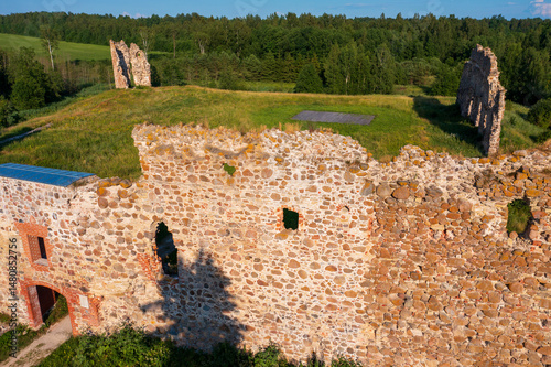 Ancient Stone Ruins of Laiuse Castle Standing in the Estonian Countryside Under Blue Summer Sky. Crumbling Medieval Fortress Walls Surrounded by Green Forest and Meadows in Baltic Historical Landscape