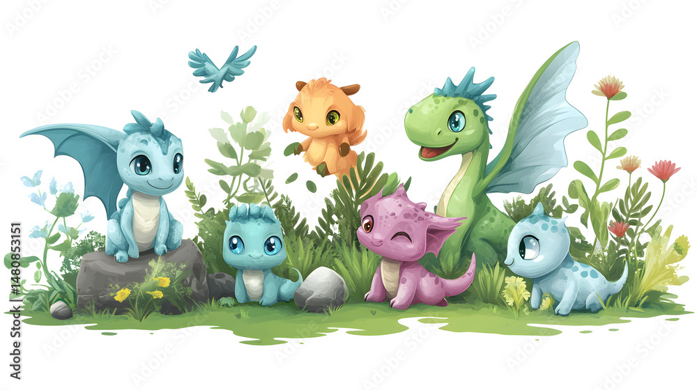 Naklejka premium A playful group of colorful cartoon dragons, featuring adorable expressions amidst a lush, whimsical landscape.