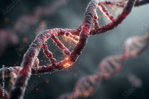 Detailed depiction of DNA double helix structure with intricate molecular details, glowing highlights, and textured surface