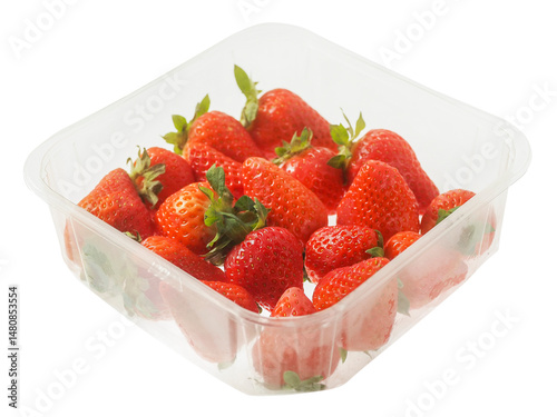 Plastic tray with tasty fresh strawberry on white background. Fine juicy fruit for sale. Organic berry.
