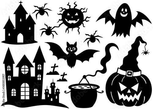 Creative details Collection of Halloween silhouettes. Haunted house, creepy tree, flying witch, pumpkins, halloween ghost, owl, coffin lid icon Vector Illustration