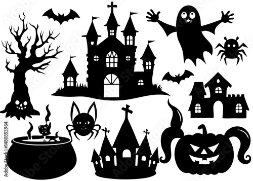 Creative details Collection of Halloween silhouettes. Haunted house, creepy tree, flying witch, pumpkins, halloween ghost, owl, coffin lid icon Vector Illustration