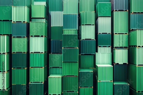 A wall of stacked green shipping containers, representing global trade and logistics.