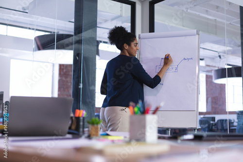 Professional woman writing on flip chart in modern open-plan office, using blue marker and plant