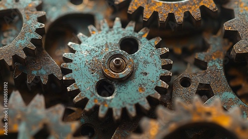 Macro shot of intermeshed clock gears showing patina buildup machining marks