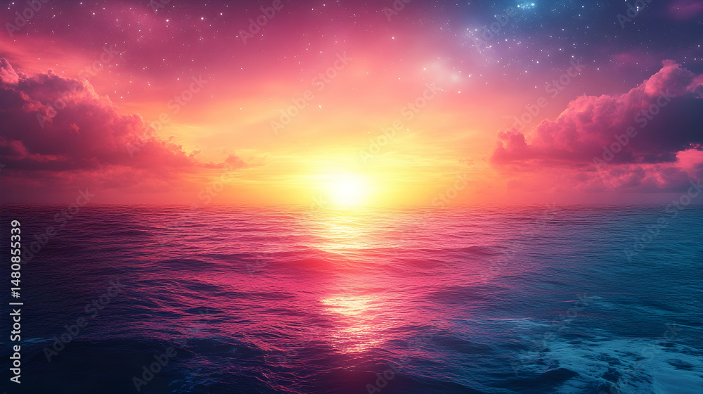 Naklejka premium Vibrant sunset over a calm ocean, painted with pink, purple, and blue hues, under a starry, cosmic sky
