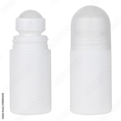 set of roll-on deodorant in white plastic bottle isolated on white background