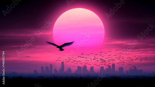Pink Sunset Over City Silhouette With Flying Bird