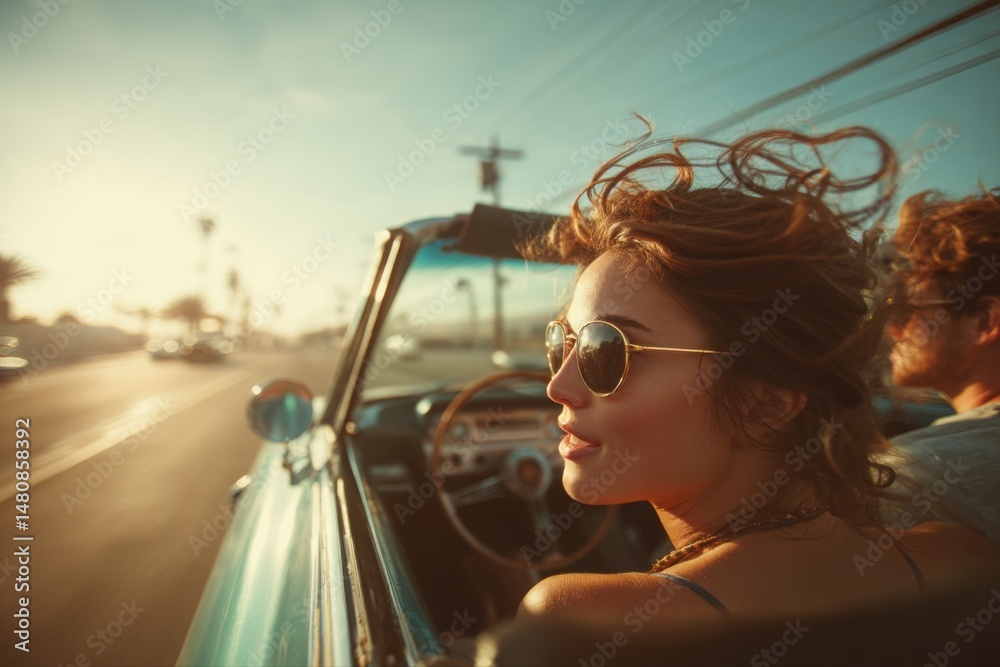 Naklejka premium Couple in convertible car on scenic coastal road, wind in hair, sunglasses, spontaneous summer road trip