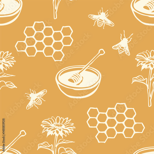 Seamless pattern with honey bowls, honey dippers, bees, honeycombs, and blooming sunflowers. Flat vector style illustration. Beekeeping and honey production concept