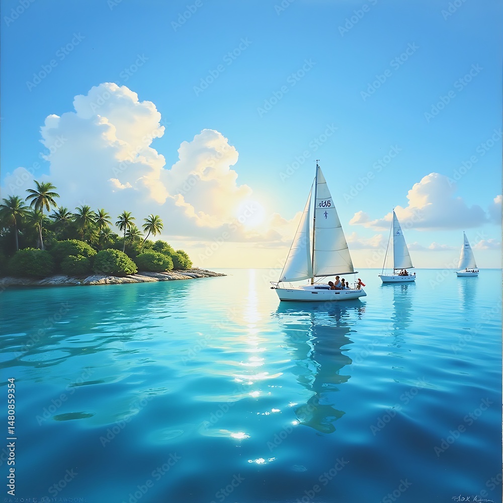 Obraz premium Sailboats glide, tropical seascape