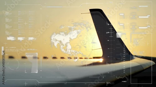 Aircraft wing and winglet gliding over horizon in flat design, displaying HUD readouts