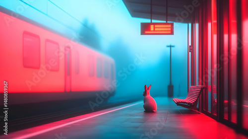 Pixel Art Rabbit Waiting at a Neon Lit Train Station Platform
