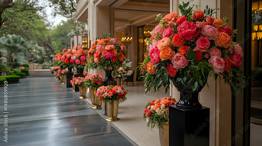 Naklejka premium Elegant floral arrangement in vibrant pinks and oranges adorns a grand entrance