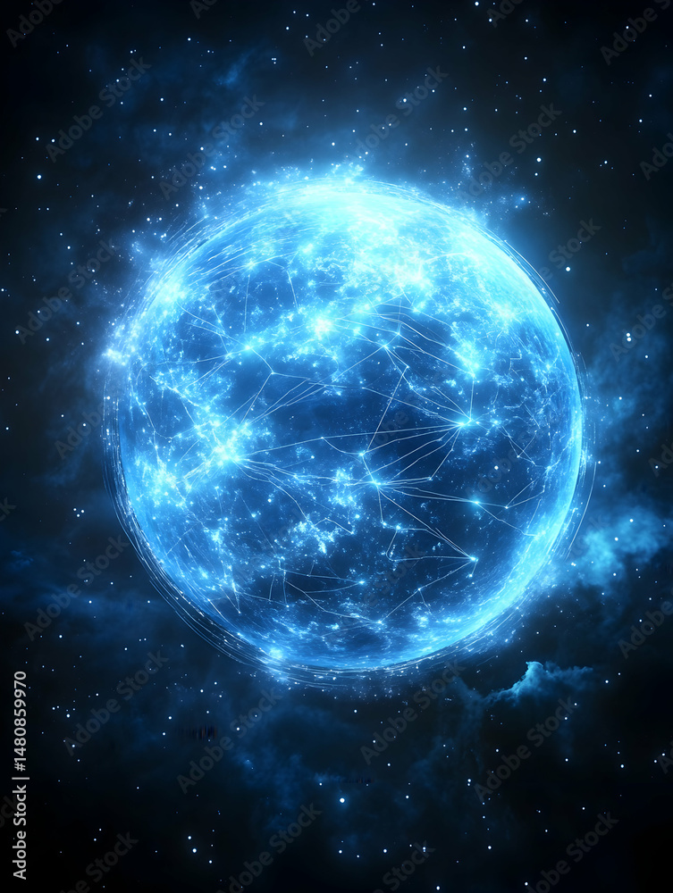 Fototapeta premium Glowing blue orb in space, intricate network of light lines connecting across its surface