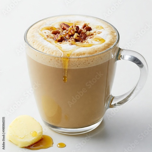 Butter Pecan Latte Mug of warm latte with butter pecan flavor, crushed pecans, syrup drizzle, and butter stick on white background