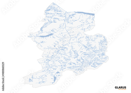 Glarus Waterway Vector Map - Rivers & Alpine Lakes (2D Black & White Swiss Topographic Design)