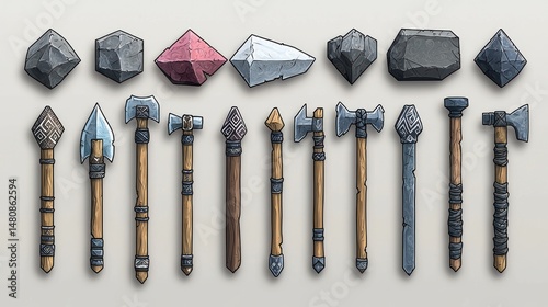 Collection of hand-drawn primitive stone and metal weapons, including axes, hammers, spears, and arrowheads.  Various shapes and materials depicted
