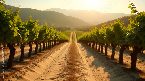 Vineyard on light marl soil under sunset, traditional Mediterranean agriculture with detailed soil texture and vine rows.