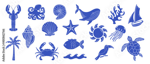 Set of marine vintage icons. Marine animals and sea objects.