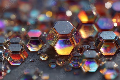 Close-up of Hexagonal Prisms with Iridescent Effects on Surface, Creating a Colorful Refraction with Bokeh Elements