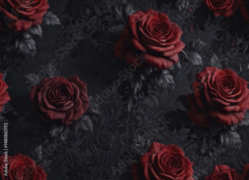 Wallpaper Mural Deep midnight damask, rich velvet texture, blooming gothic roses,  textile, gothic rose Torontodigital.ca