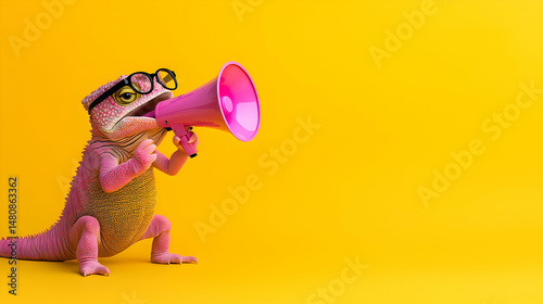 Pink Lizard with Megaphone on Yellow Background