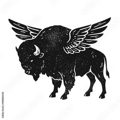buffalo with wings, grunge texture vintage illustration