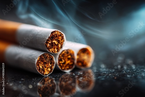 Close-up of several unlit cigarettes with orange filters stacked together on a dark surface with smoke and reflection photo
