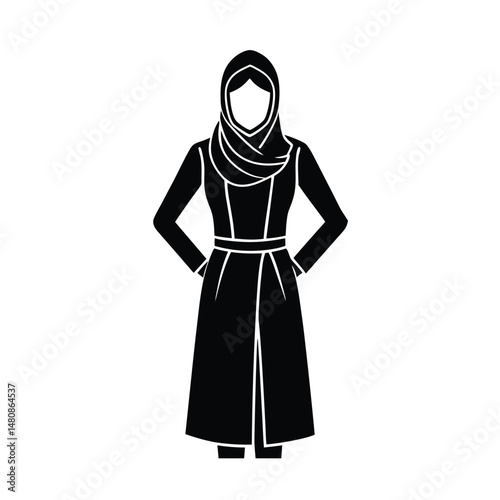 Elegant black silhouette of a woman wearing a hijab and traditional long overcoat style clothing.
