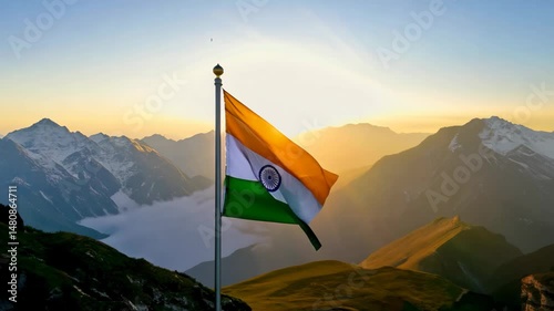 Indian flag waving on a mountain peak