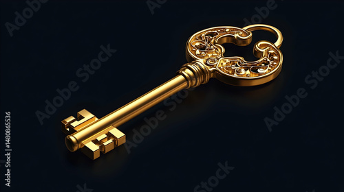 An ornate, golden key rests on a dark surface, its intricate details and metallic sheen catching the light.  It suggests access, secrets, or antiquity