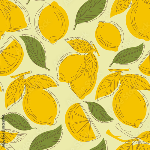 Colorful seamless pattern with yellow lemons, slices, and green leaves. Fresh and summery motif for packaging, fabrics, and decorative backgrounds.