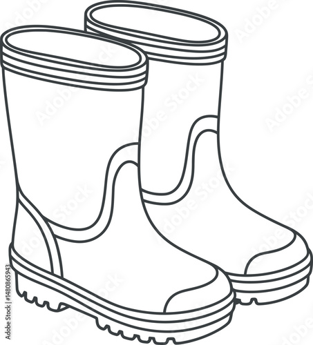 Simple Line Drawing of Kids' Rain Boots on White Background, vector illustration of a pair of boots