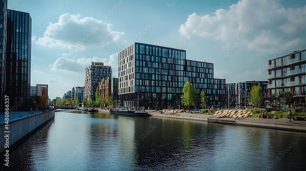 Obraz premium Modern Buildings Along a Canal in a City