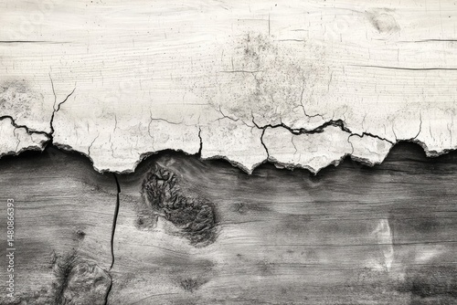 A weathered, cracked wooden plank reveals a stark contrast between its bleached upper and dark lower sections.