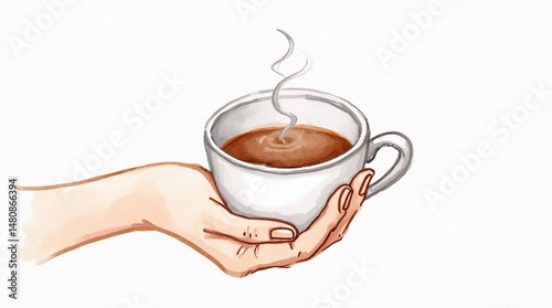 Hands holding a hot drink, watercolor clipart illustration with isolated background.