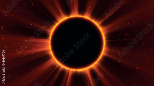 Abstract fantasy background. Amazing scientific natural phenomenon. Total solar eclipse with bright ring effect glowing with rays. Solar corona is visible. Vector illustration.