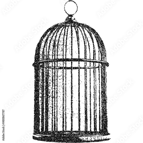 Empty bird cage illustration with vintage halftone stipple effect. Grunge punk collage design element inspired by retro grungy aesthetics. Vector illustration